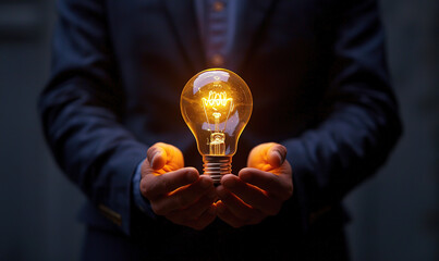 Businessman holding a glowing light bulb. symbolizes creative idea