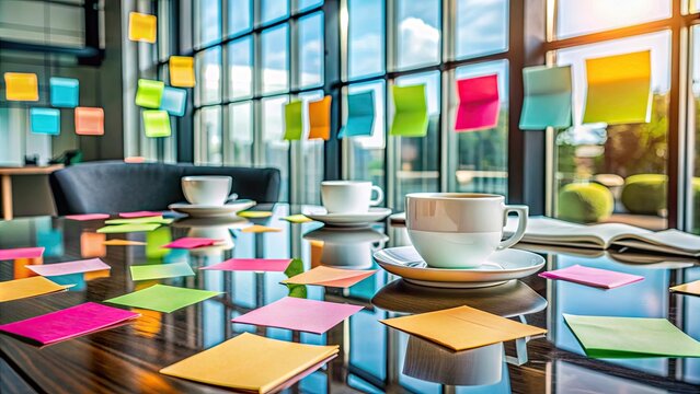 Vibrant colorful sticky notes on a modern glass desk, surrounded by empty coffee cups, symbolizing brainstorming sessions and innovative thinking in a fast-paced creative environment.
