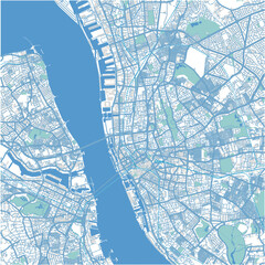 Map of Liverpool in United Kingdom in blue. Contains layered vector with roads water, parks, etc.