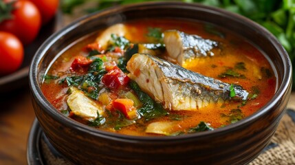 The national cuisine of Ghana: Mackerel soup.