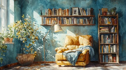 Watercolor cozy reading nook with a plush armchair and a floor lamp.