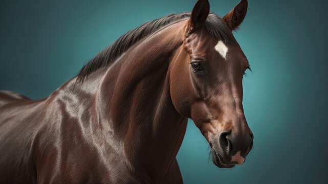 Brown horse with teal background, close-up side view.
