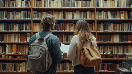 A lively discussion between two strangers who discovered they share the same book interest, in front of a large shelf dedicated to a particular genre, with copy space