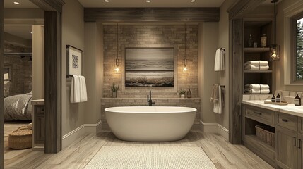 Watercolor luxurious bathroom with a freestanding tub and soft lighting.
