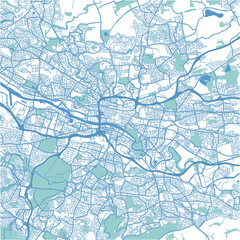 Map of Glasgow in United Kingdom in blue. Contains layered vector with roads water, parks, etc.
