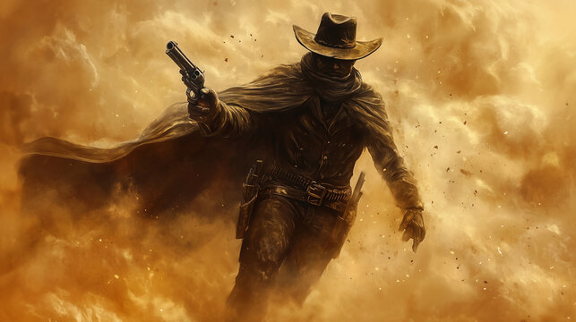 Dust Devil Gunman: A gunslinger whose body is partially composed of swirling sand and dust, with a cursed pistol that creates deadly sandstorms, concept art, video game assets, sup