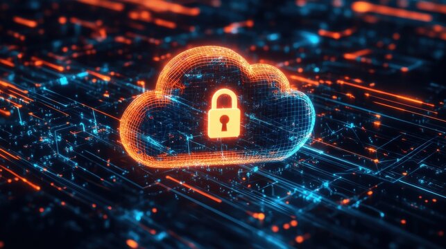 Glowing Cloud Security Icon in a Digital Network