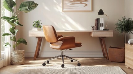 Watercolor minimalist home office with a clean desk and modern chair.