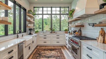 Custom vertical slats with your photo Watercolor modern kitchen with stainless steel appliances and open shelving.