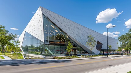 Obraz premium A large building with a white facade and a triangular shape