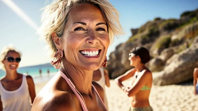 Youthful mature woman having fun with friends at the beach