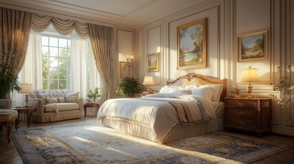 Watercolor traditional bedroom with antique furniture and soft, pastel colors.