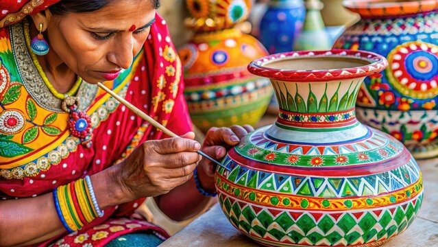 Vibrant colors and intricate patterns adorn a traditional Indian woman's hands as she carefully paints delicate designs on a ceramic vase.