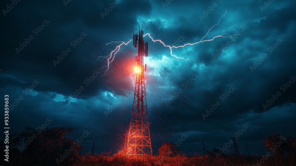 Poster lightning strikes amidst dark clouds, casting an eerie glow on a towering communication tower, empha