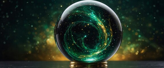 A glass orb with swirling ribbons of deep green and gold seemingly capturing a miniature galaxy within.