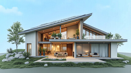 Fototapeta premium A contemporary house features expansive glass walls and solar panels, surrounded by greenery and rocks in a serene outdoor environment