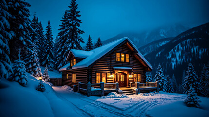Fototapeta premium A wooden cabin glows warmly while nestled among tall, snow-laden trees during a serene winter evening