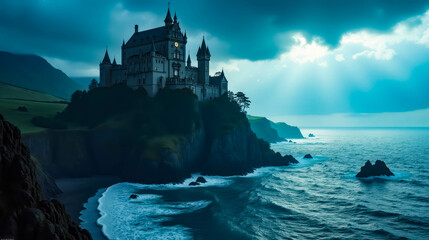 The castle towers above the waves, surrounded by dark clouds and a turbulent sea, creating a hauntingly beautiful view during twilight