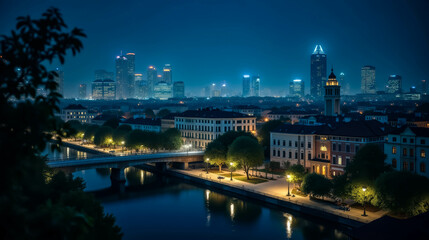 Fototapeta premium The cityscape at night showcases glowing skyscrapers, a calm river lined with trees, and softly lit streets, exemplifying urban tranquility
