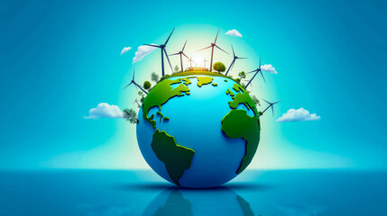 Naklejka premium The globe showcases renewable energy sources with wind turbines and lush greenery, symbolizing a sustainable future and global environmental awareness