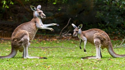 Fototapeta premium Two kangaroos in a grassy field, one standing and the other hopping.