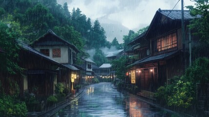Naklejka premium A beautiful Japanese village scene in anime style, with a cartoonish charm, captured on a rainy day, evoking a peaceful and nostalgic atmosphere.
