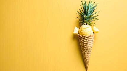 Pineapple Ice Cream Cone on Yellow Background