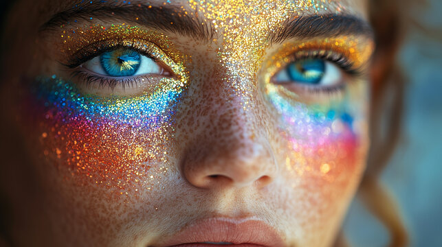 woman eyes closeup with rainbow stripe with glitters and make up for LGBTQ+ community