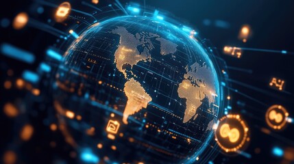 Fototapeta premium A globe with growing investment graphs and cryptocurrency icons, representing the dynamic nature of international finance.