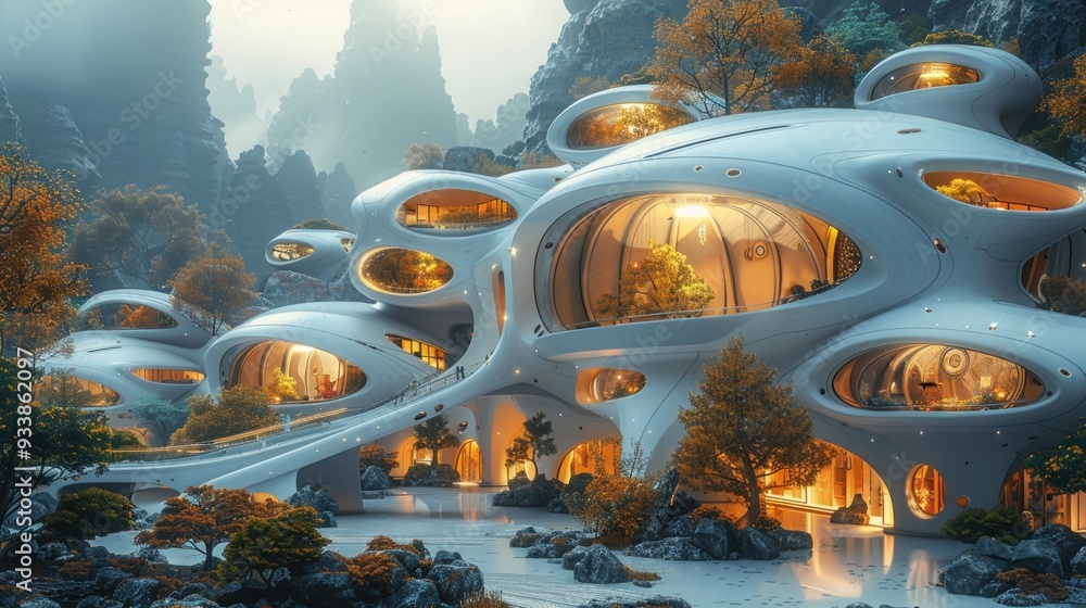 Poster depict a futuristic educational setting with cloud-based learning platforms and dynamic natural ligh
