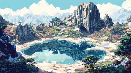 An oasis within the Glass Wastes, with crystalline water surrounded by sharp glass edges , pixel art, game assets