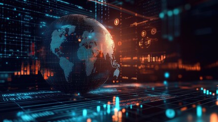 Fototapeta premium A globe with growing investment graphs and cryptocurrency icons, representing the dynamic nature of international finance.
