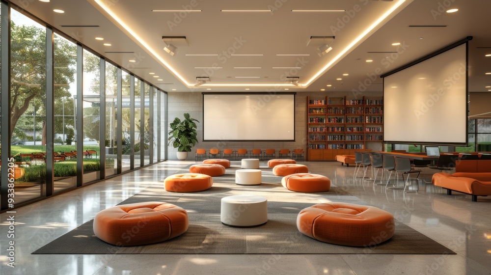 Poster design a contemporary learning space with gesture-controlled screens and ambient lighting, capturing