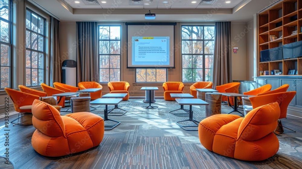 Poster design a contemporary learning space with gesture-controlled screens and ambient lighting, capturing
