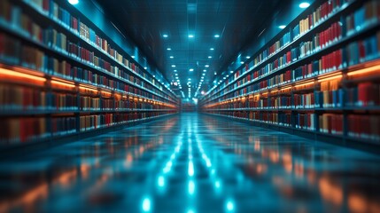 Illuminated bookshelves create a peaceful ambiance inviting readers to explore knowledge and stories in a stunning architectural space