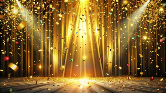 Vibrant confetti explosion fills the air as a gleaming golden curtain drops, revealing a stunning surprise, exuding excitement and celebration in a magical atmosphere.
