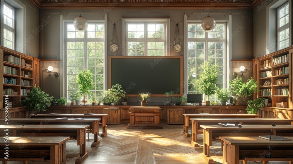 Poster visualize a futuristic classroom with biometric attendance and dynamic led lighting, emphasizing nat