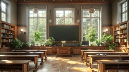 Obraz premium Visualize a futuristic classroom with biometric attendance and dynamic LED lighting, emphasizing natural light dynamics