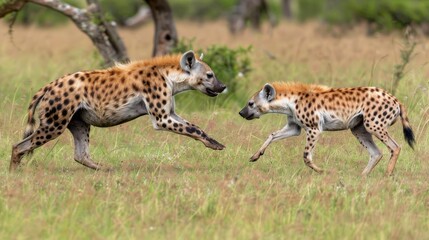 Two Spotted Hyenas Playing in the Grass.