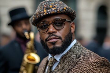 Stylish musician in a patterned suit playing saxophone on a city street at dusk