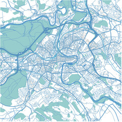 Map of Bern in Switzerland in blue. Contains layered vector with roads water, parks, etc.