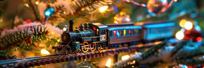 Toy train running around the Christmas tree