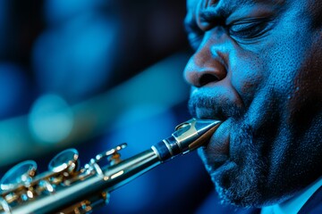 Jazz musician passionately playing the saxophone under vibrant blue stage lights