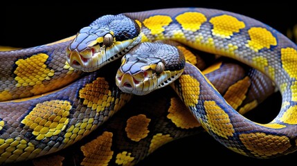 Obraz premium Two yellow and blue snakes intertwining.