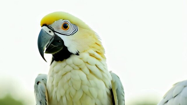 A close-up shot of a parrot with yellow feathers on its head and a black beak, sitting on a branch.