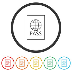 Black passport icon with globe. Set icons in color circle buttons