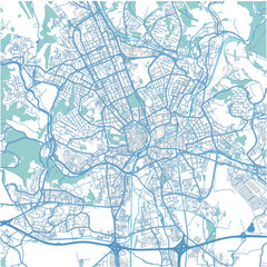Map of Brno in Czech Republic in blue. Contains layered vector with roads water, parks, etc.