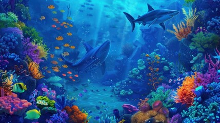 Obraz premium Underwater scene with colorful coral and sharks.