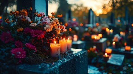 Tranquil Remembrance Gravestone with Flowers and Candles on All Saints' Day
