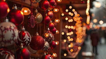 Fototapeta premium A Christmas tree with many red and gold ornaments hanging from it